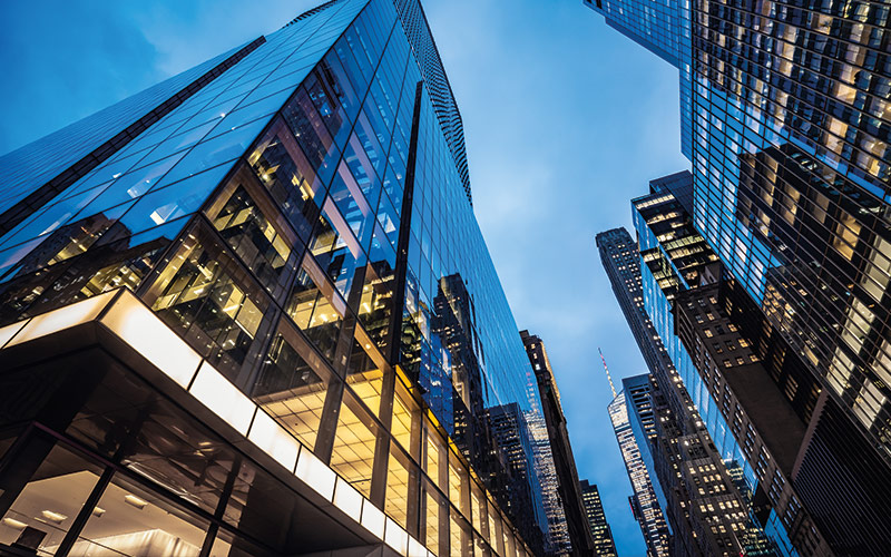 Ground POV of skyscrapers